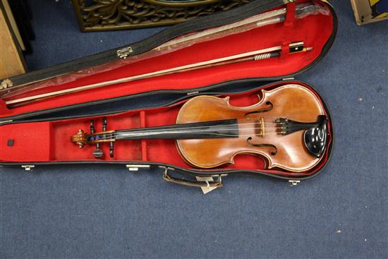 An English violin made by Arthur L. Scholes of Bedford, 23.5in., cased with two bows